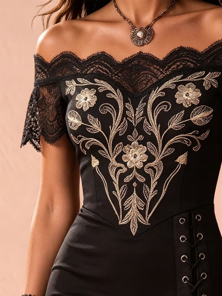 Women's Black Dress Gold Embroidery Lace Panel Asymmetrical Hem