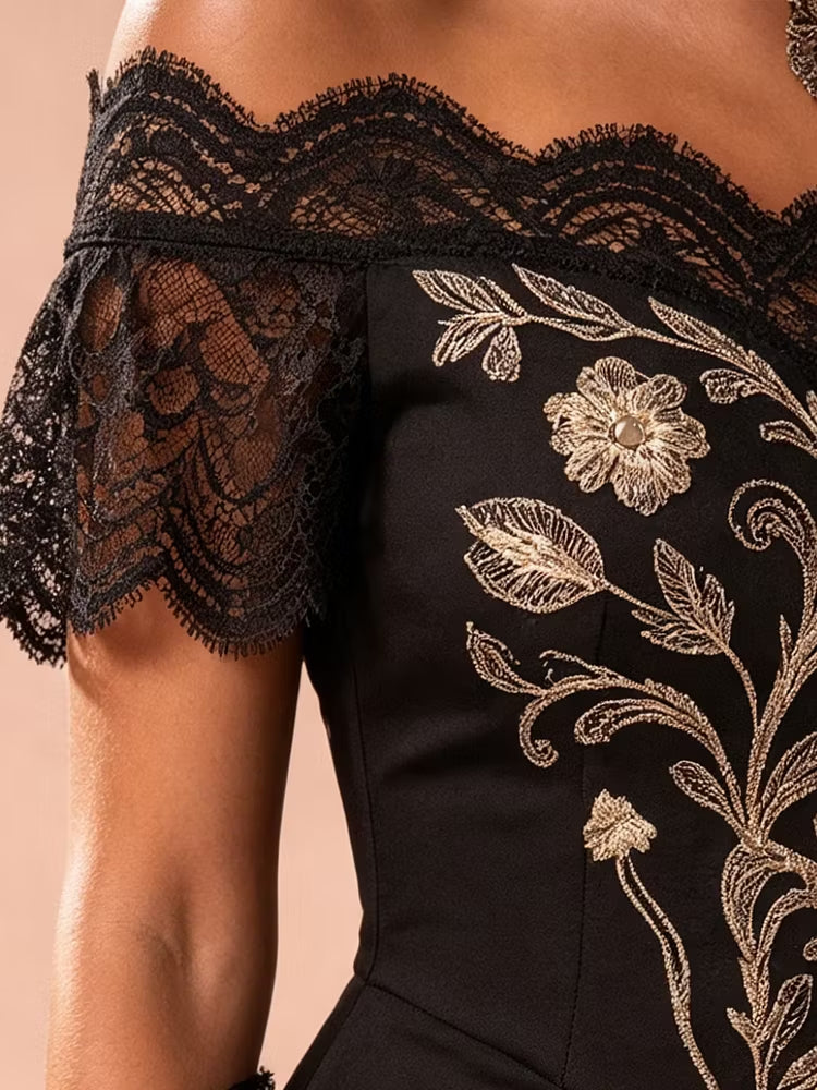 Women's Black Dress Gold Embroidery Lace Panel Asymmetrical Hem