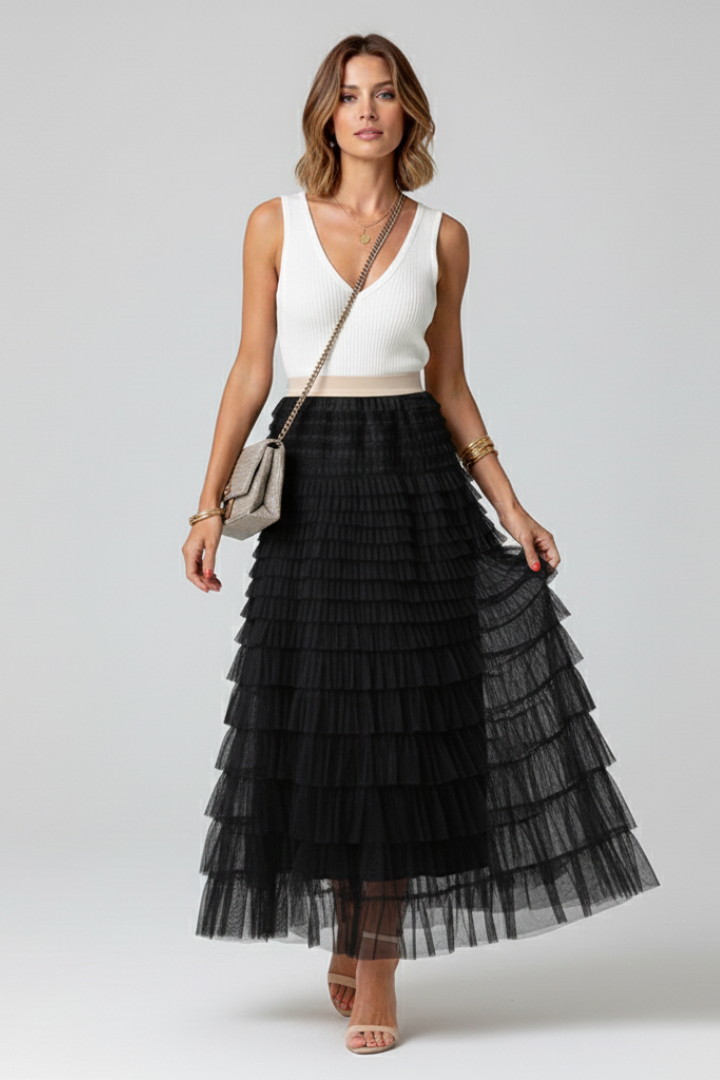 Women's Midi Skirt Elastic High Waist Layered Tiered Tulle Ruffle Formal Casual Style