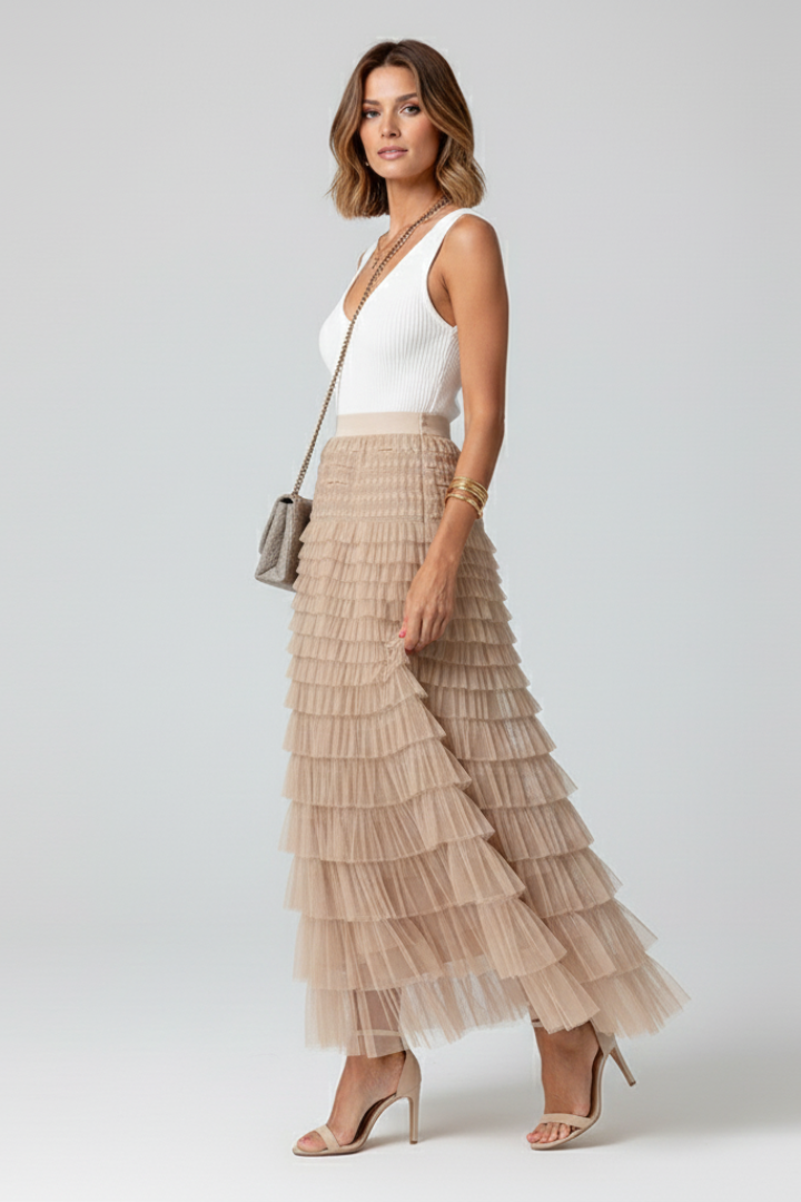 Women's Midi Skirt Elastic High Waist Layered Tiered Tulle Ruffle Formal Casual Style