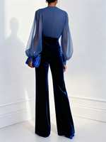 Load image into Gallery viewer, Women's Blue Velvet Jumpsuit Mesh V-Neck Long Sleeve
