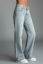 Load image into Gallery viewer, Women's Light Blue Jeans High Waist Drawstring Detail Relaxed Wide Leg Casual Jean Style
