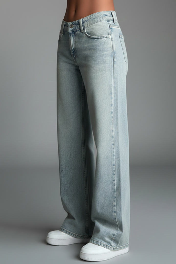 Women's Light Blue Jeans High Waist Drawstring Detail Relaxed Wide Leg Casual Jean Style