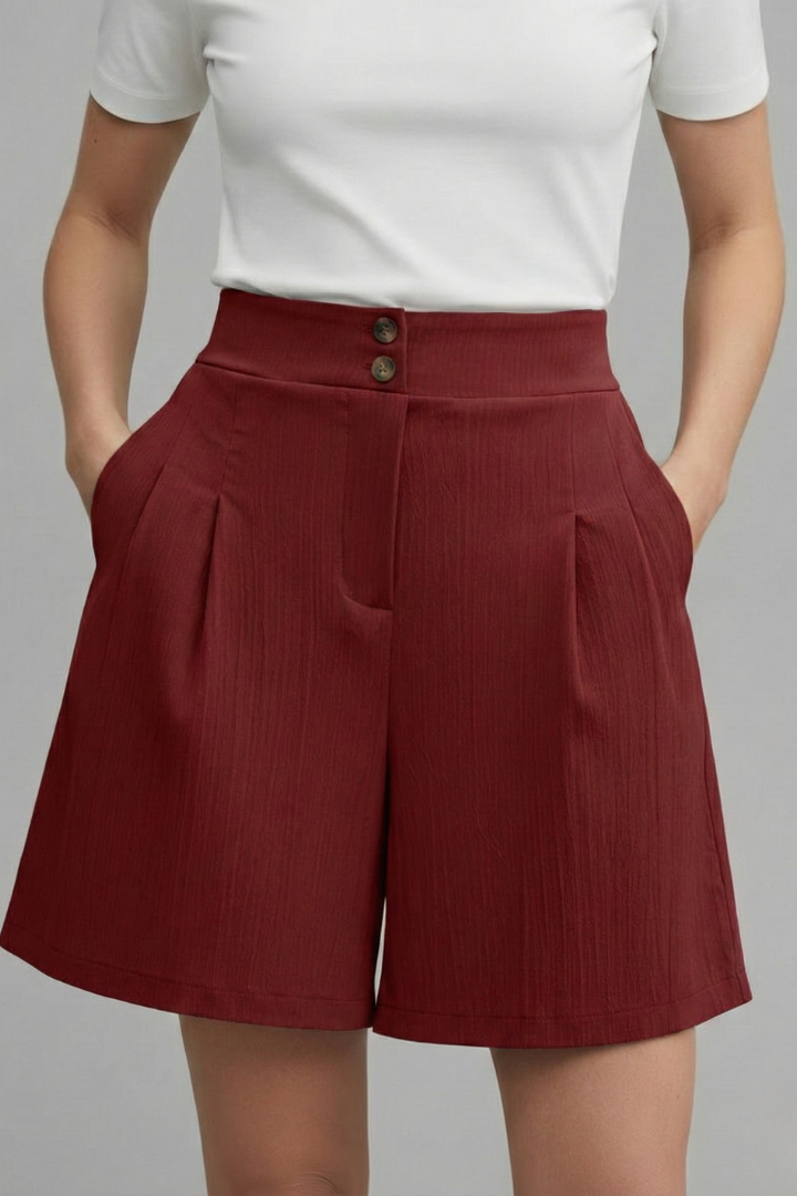 Women's Shorts High Waist Double Button Pleated Wide Leg Pocket Tailored Casual Style