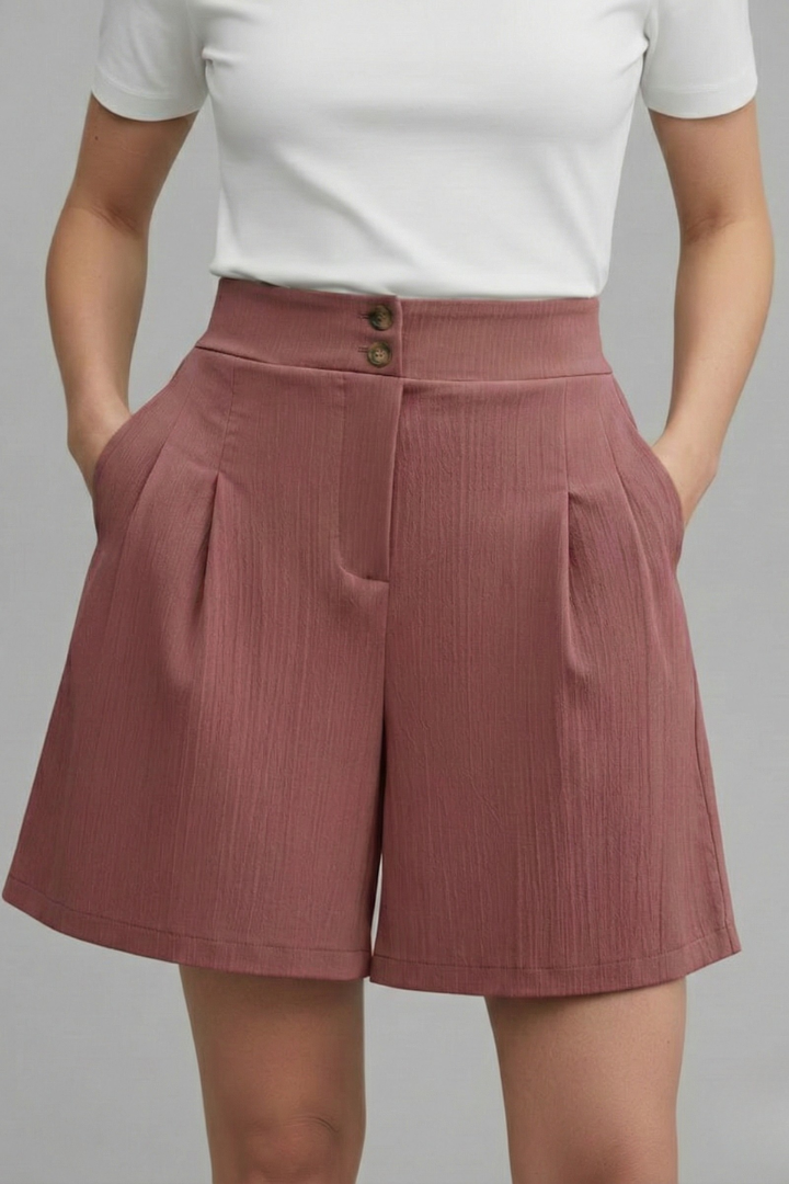 Women's Shorts High Waist Double Button Pleated Wide Leg Pocket Tailored Casual Style
