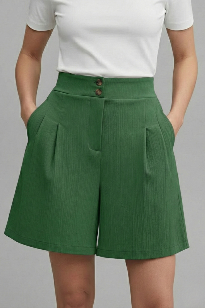 Women's Shorts High Waist Double Button Pleated Wide Leg Pocket Tailored Casual Style