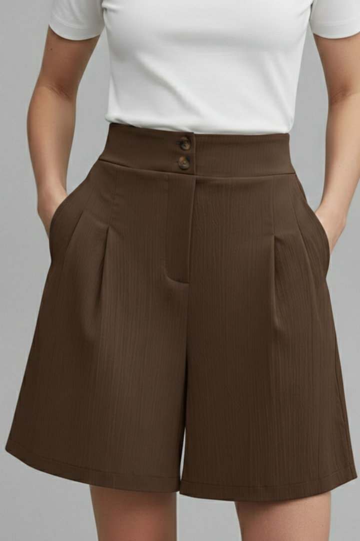 Women's Shorts High Waist Double Button Pleated Wide Leg Pocket Tailored Casual Style