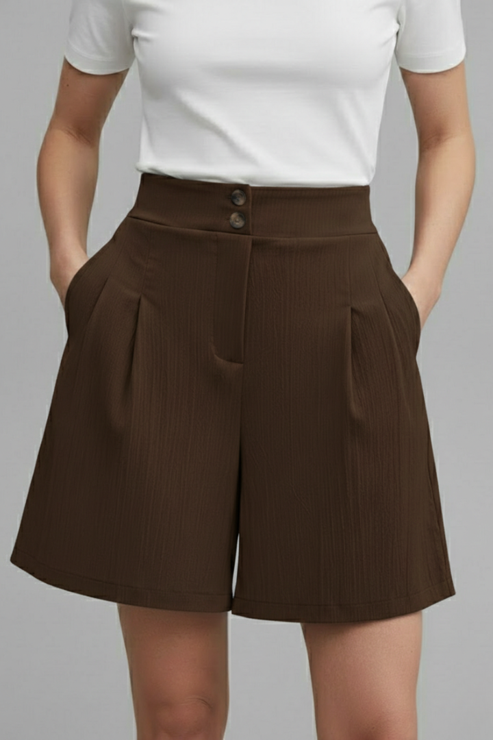 Women's Shorts High Waist Double Button Pleated Wide Leg Pocket Tailored Casual Style