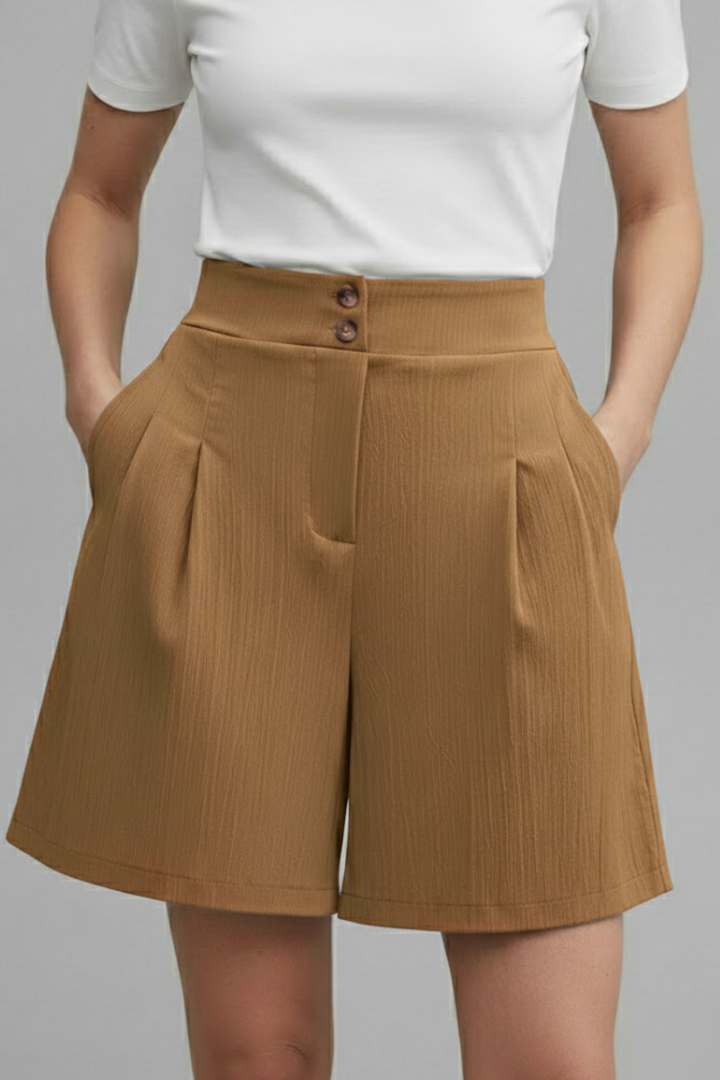 Women's Shorts High Waist Double Button Pleated Wide Leg Pocket Tailored Casual Style