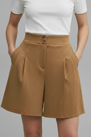 Women's Shorts High Waist Double Button Pleated Wide Leg Pocket Tailored Casual Style