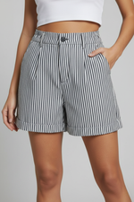 Load image into Gallery viewer, Women's Striped Shorts High Waist Button Fly Cuffed Hem Tailored Casual Style
