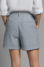 Load image into Gallery viewer, Women's Striped Shorts High Waist Button Fly Cuffed Hem Tailored Casual Style
