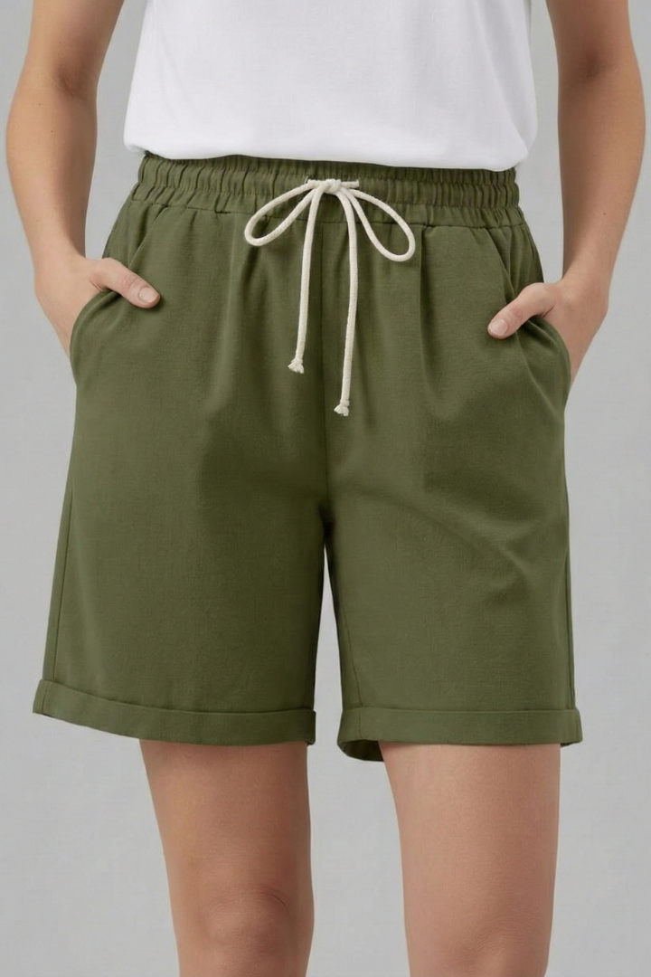 Women's Shorts Elastic Drawstring Waist Cuffed Hem Pocket Relaxed Casual Style