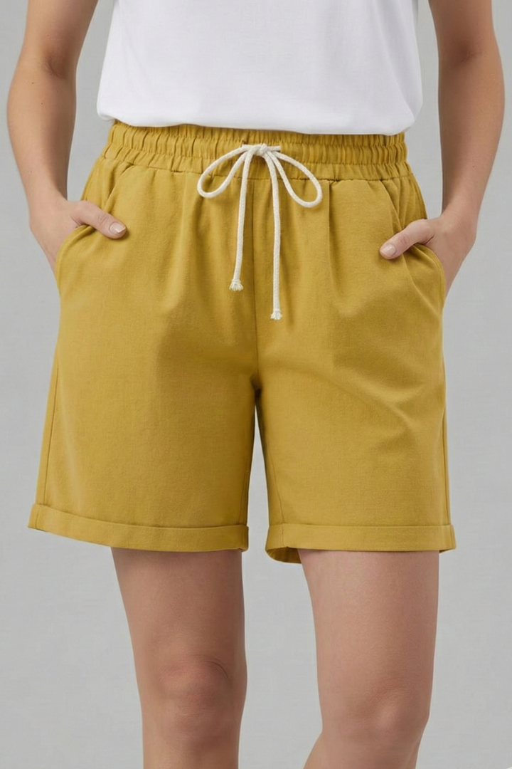 Women's Shorts Elastic Drawstring Waist Cuffed Hem Pocket Relaxed Casual Style