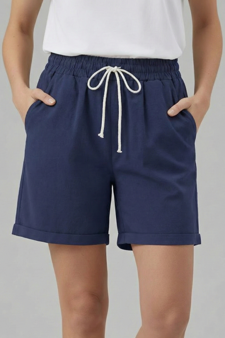 Women's Shorts Elastic Drawstring Waist Cuffed Hem Pocket Relaxed Casual Style