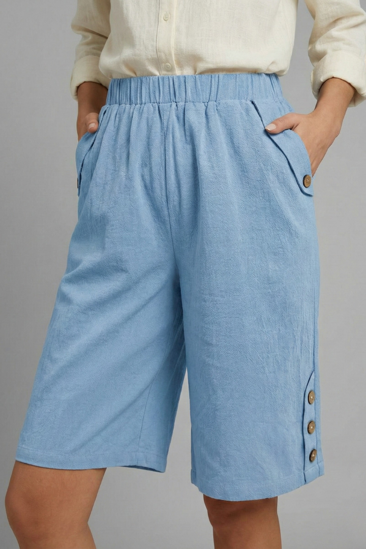 Women's Wide Leg Shorts Elastic High Waist Side Button Hem Pocket Casual Style