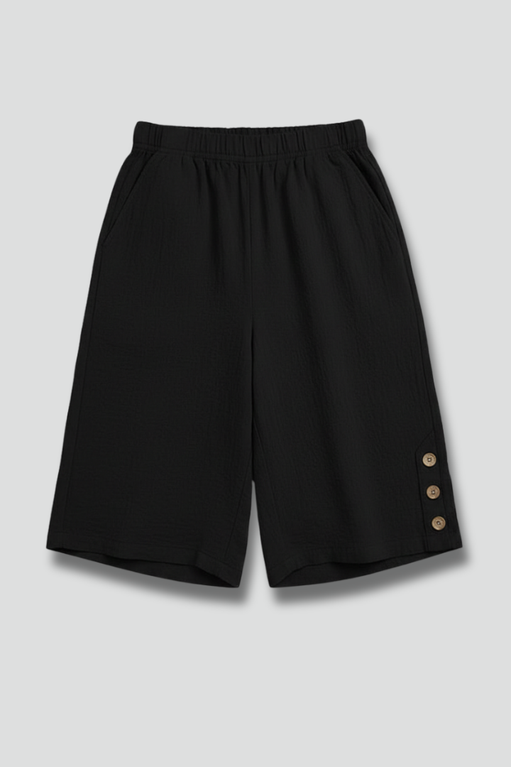 Women's Wide Leg Shorts Elastic High Waist Side Button Hem Pocket Casual Style