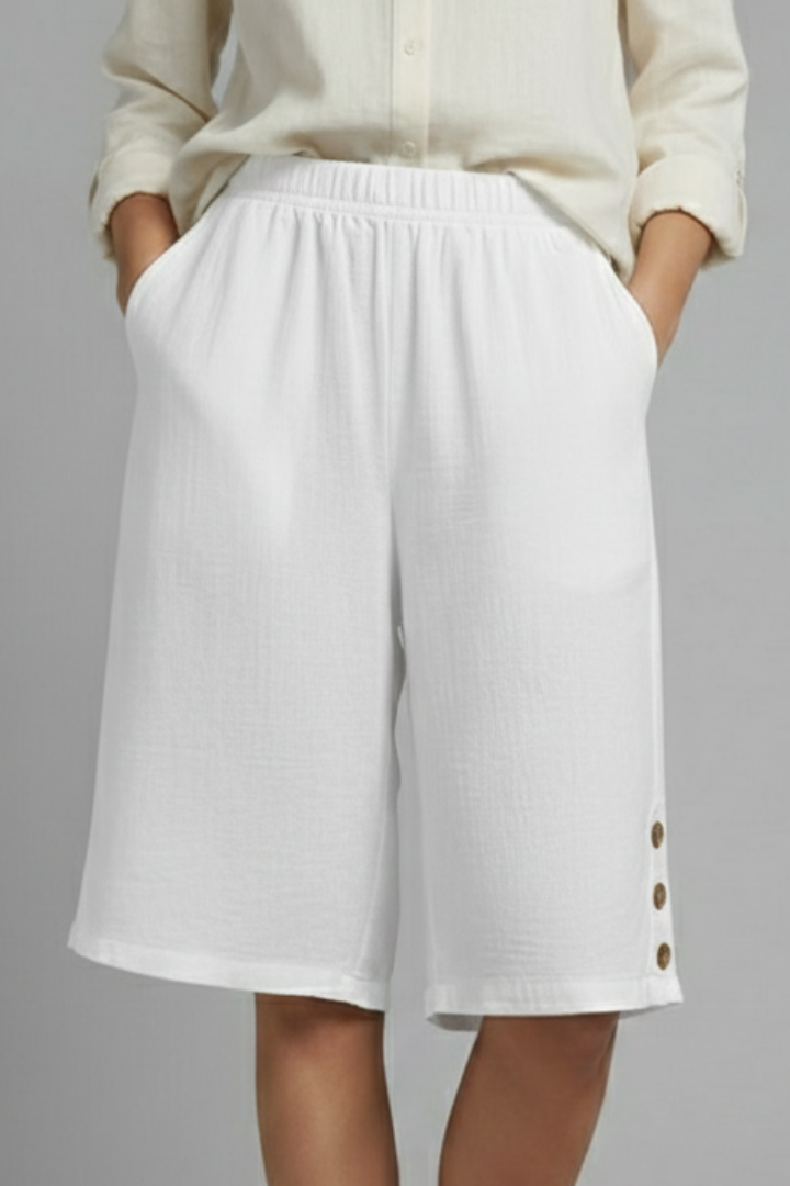 Women's Wide Leg Shorts Elastic High Waist Side Button Hem Pocket Casual Style