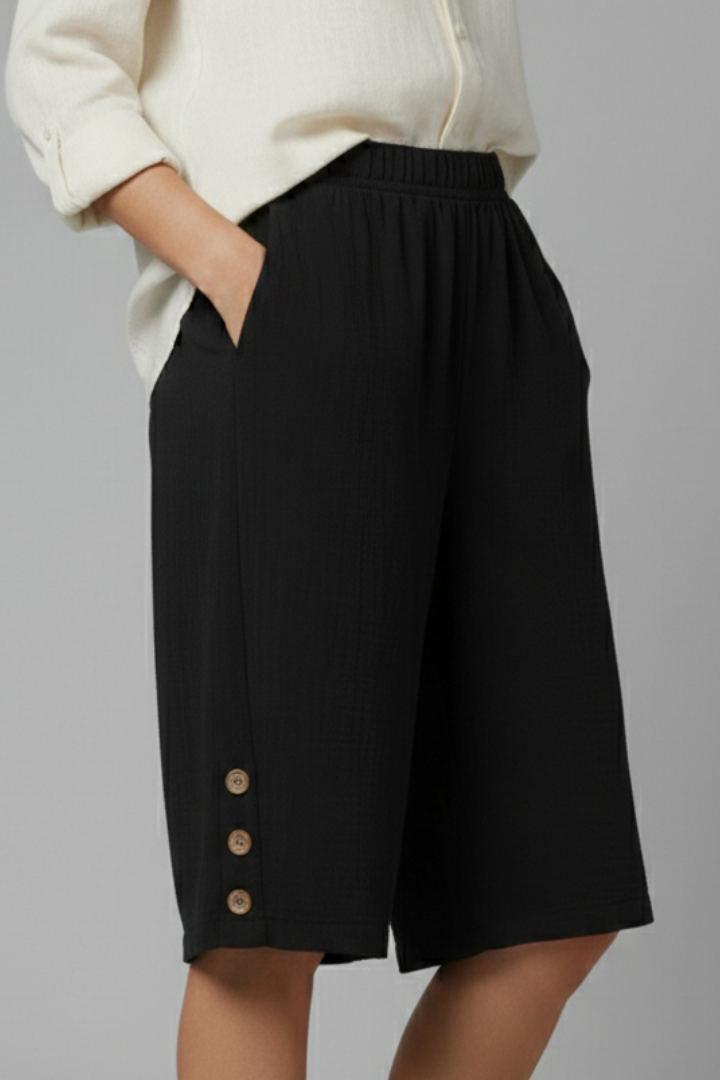 Women's Wide Leg Shorts Elastic High Waist Side Button Hem Pocket Casual Style