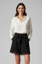 Load image into Gallery viewer, Women's Black Shorts Tie Waist Bow Lace Hem High Waist Flowy Casual Style
