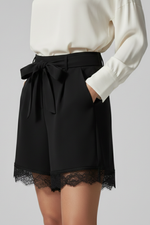 Load image into Gallery viewer, Women's Black Shorts Tie Waist Bow Lace Hem High Waist Flowy Casual Style
