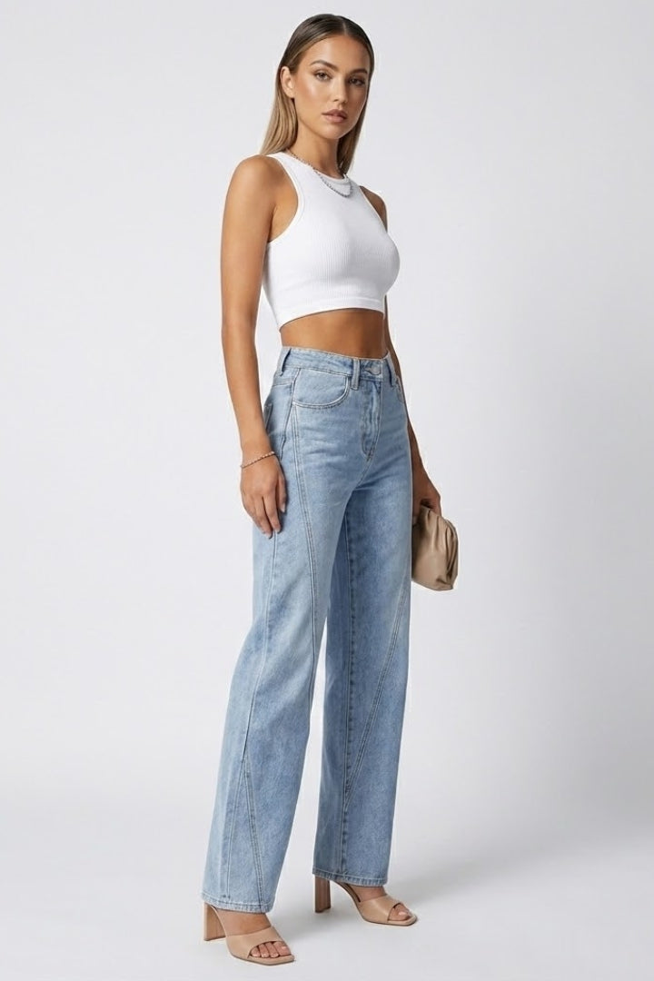 Women's Relaxed Blue Wide Leg Jeans High Waist Straight Style