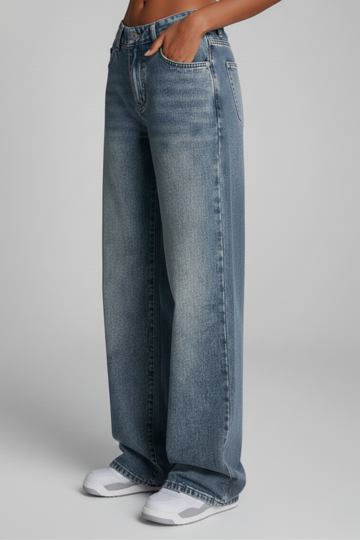 Women's Blue Jeans Mid Rise Relaxed Wide Leg Five Pocket Casual Jean Style