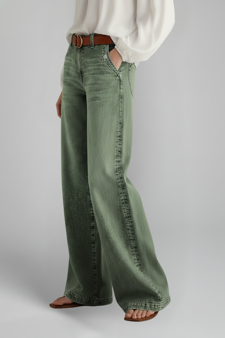 Women's Army Green Jeans High Rise Wide Leg Relaxed Fit Flare Casual Jean Style