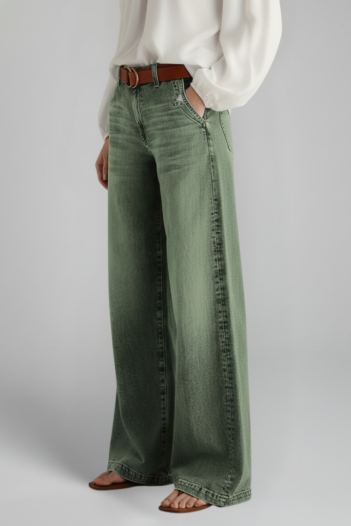 Women's Army Green Jeans High Rise Wide Leg Relaxed Fit Flare Casual Jean Style