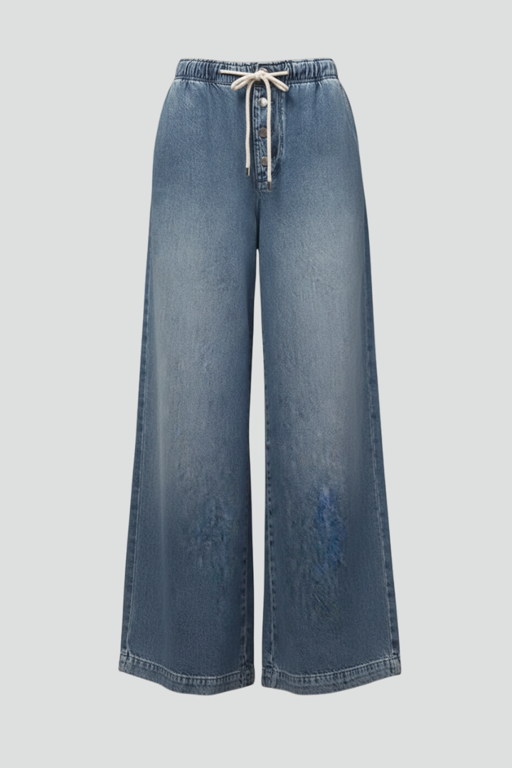Women's Light Blue Jeans Elastic Drawstring Waist Relaxed Wide Leg Casual Jean Style