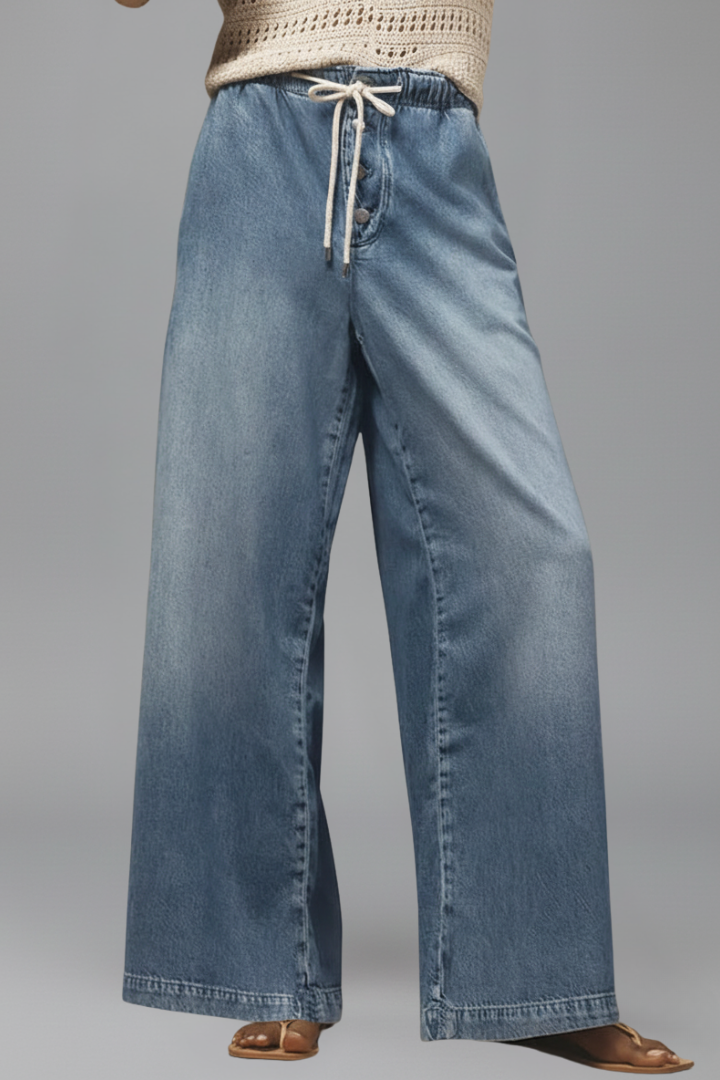 Women's Light Blue Jeans Elastic Drawstring Waist Relaxed Wide Leg Casual Jean Style