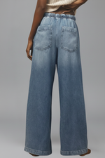 Load image into Gallery viewer, Women's Light Blue Jeans Elastic Drawstring Waist Relaxed Wide Leg Casual Jean Style
