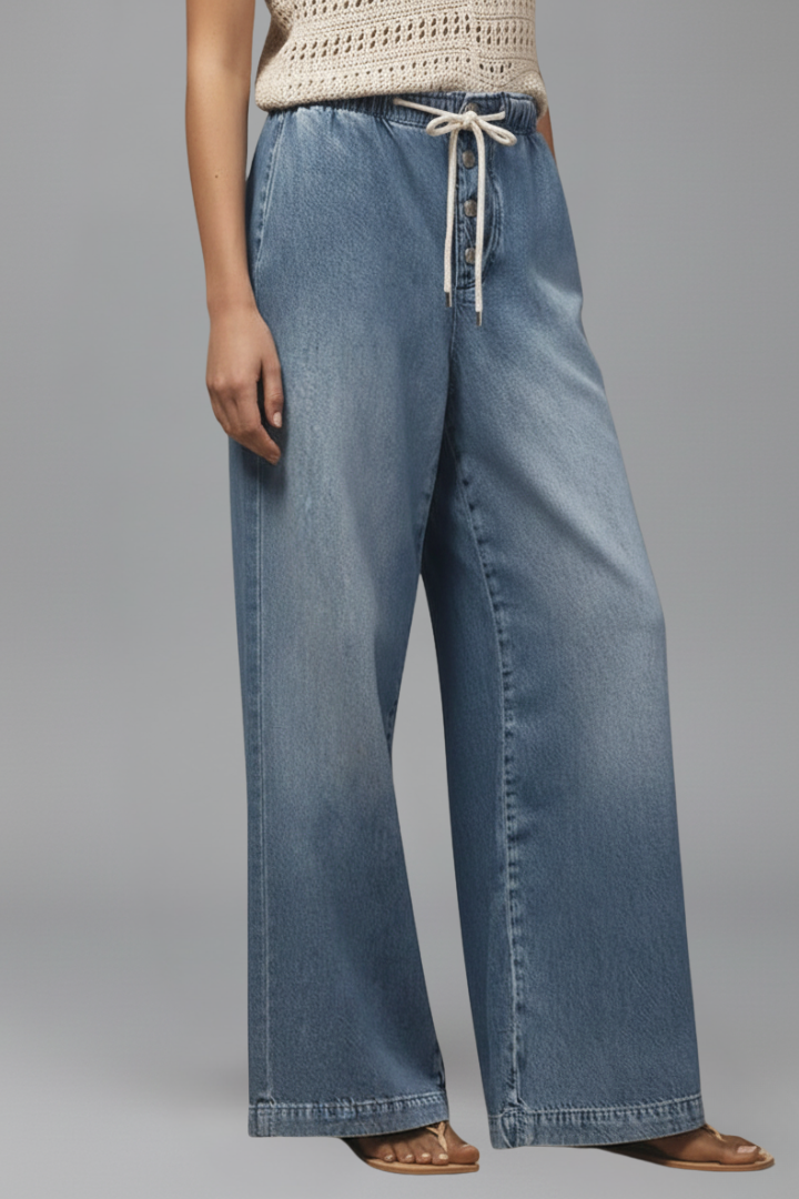 Women's Light Blue Jeans Elastic Drawstring Waist Relaxed Wide Leg Casual Jean Style