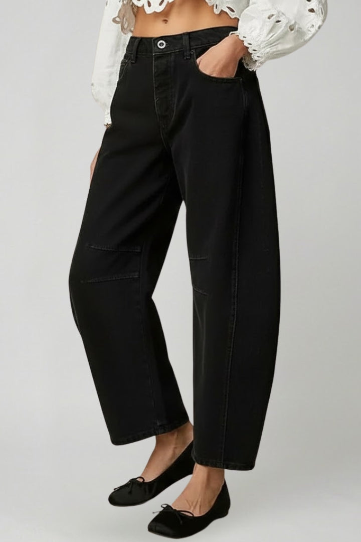 Women's Jeans Mid Waist Barrel Leg Seam Detail Relaxed Fit Casual Black Jean Style