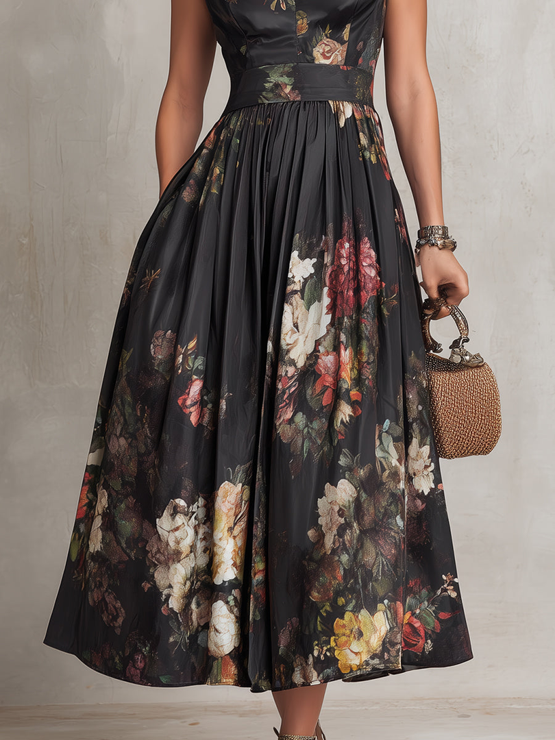 Women's Black Floral Midi Dress Stand Collar Keyhole Neck Cap Sleeve a Line Skirt Formal Wedding Guest Style