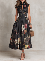 Load image into Gallery viewer, Elegant Black Floral Dress for Formal Wedding Guest Style with A Line Midi Skirt
