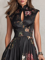 Load image into Gallery viewer, Women's Black Floral Midi Dress Stand Collar Keyhole Neck Cap Sleeve a Line Skirt Formal Wedding Guest Style
