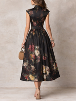 Load image into Gallery viewer, Elegant Black Floral Dress for Formal Wedding Guest Style with A Line Midi Skirt
