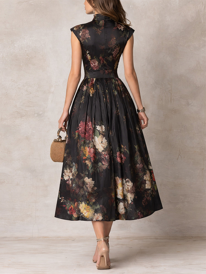 Women's Black Floral Midi Dress Stand Collar Keyhole Neck Cap Sleeve a Line Skirt Formal Wedding Guest Style