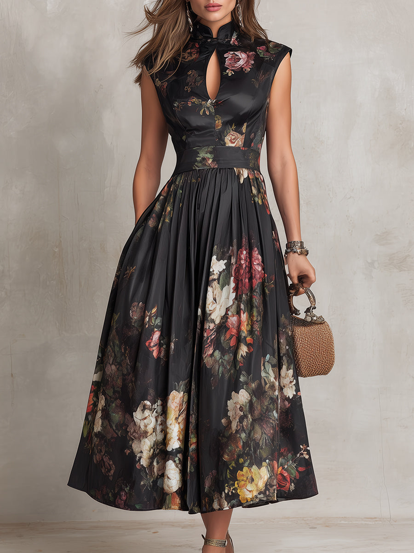 Women's Black Floral Midi Dress Stand Collar Keyhole Neck Cap Sleeve a Line Skirt Formal Wedding Guest Style
