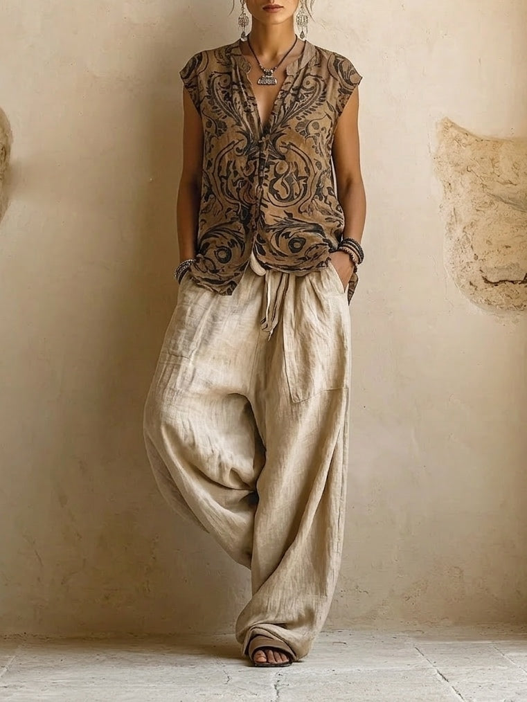 Women's Cotton Linen Wide Leg Pants Set Boho Print Cardigan