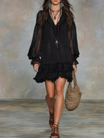 Load image into Gallery viewer, Women's Black Mini Dress Boho Ruffle Chiffon Style
