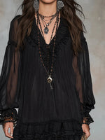 Load image into Gallery viewer, Women's Black Mini Dress Boho Ruffle Chiffon Style
