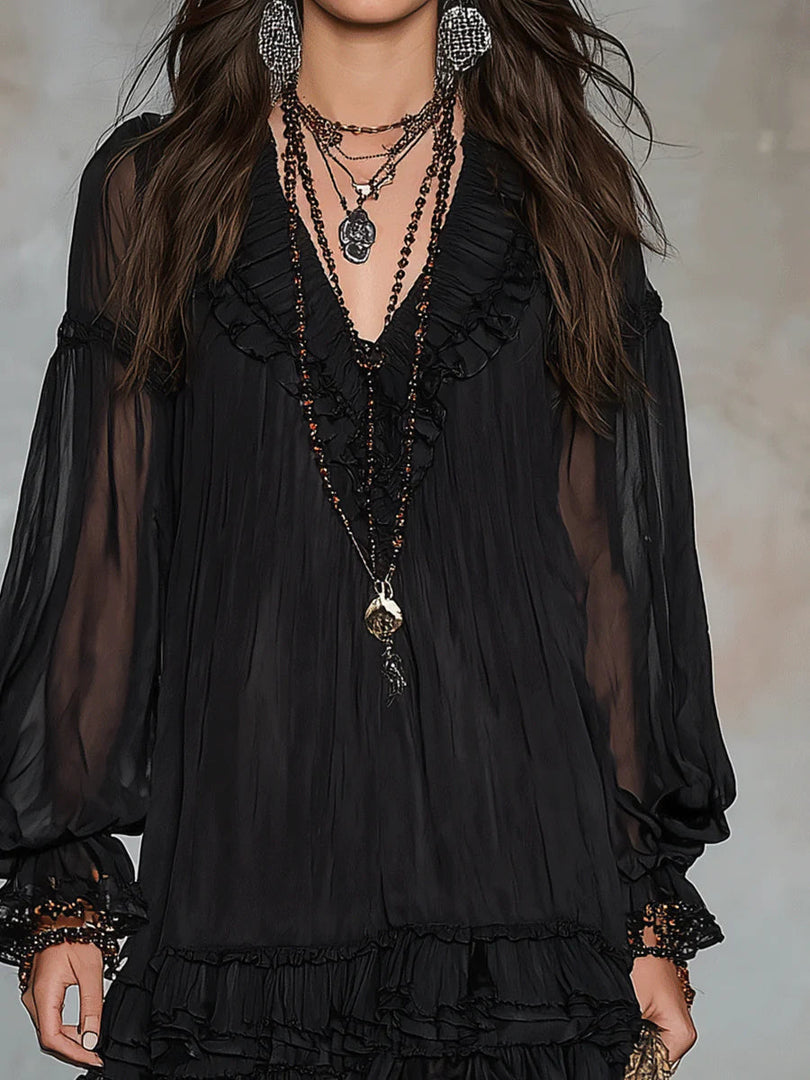 Women's Black Mini Dress Boho Ruffle Chiffon Style