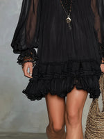 Load image into Gallery viewer, Women's Black Mini Dress Boho Ruffle Chiffon Style
