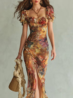 Load image into Gallery viewer, Women's Floral Print Chiffon Maxi Dress Ruffle Sweetheart Neckline
