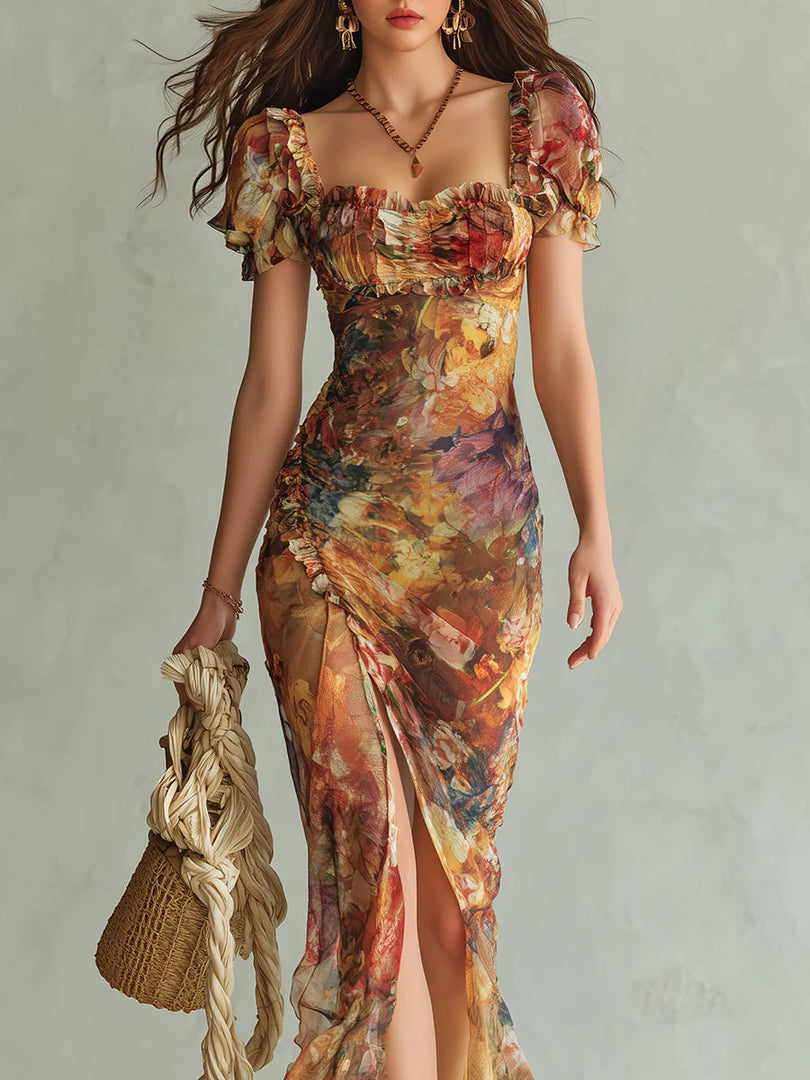 Women's Orange Floral Maxi Dress Sweetheart Neck Short Sleeve Ruched Bodice Formal Wedding Guest Style