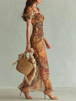 Load image into Gallery viewer, Women's Orange Floral Maxi Dress Sweetheart Neck Short Sleeve Ruched Bodice Formal Wedding Guest Style
