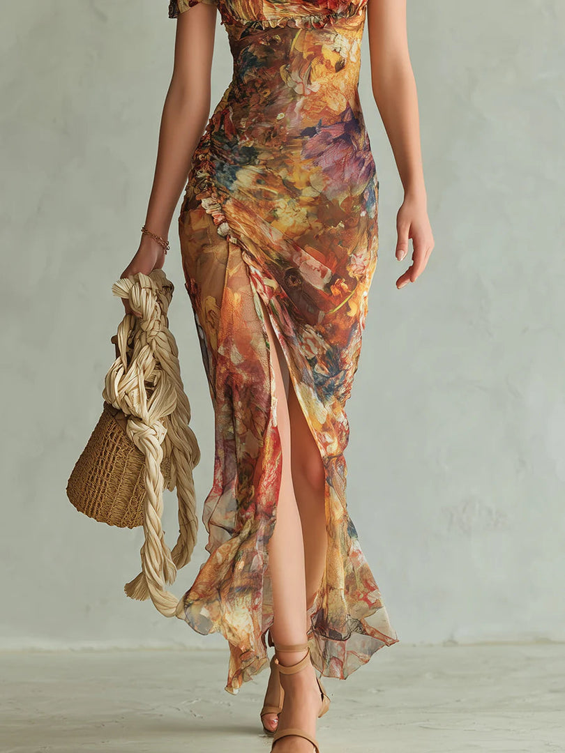 Women's Floral Print Chiffon Maxi Dress Ruffle Sweetheart Neckline