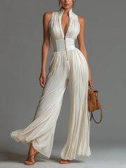 Women's White Pleated Jumpsuit Deep V Neck and Corset Waist